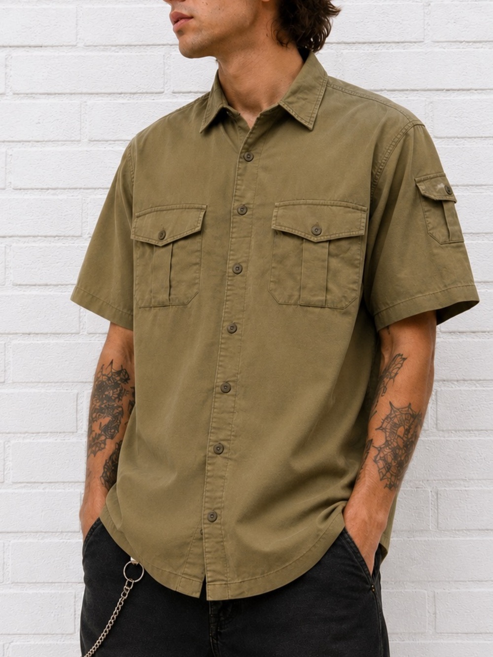 Y2K Mens Cargo Shirt Short Sleeve Button Up Utility Workwear Gorpcore Skater L